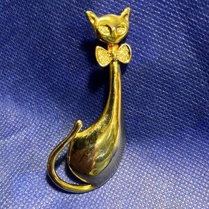 Vintage Cat Brooch Rhinestone Eyes Bow